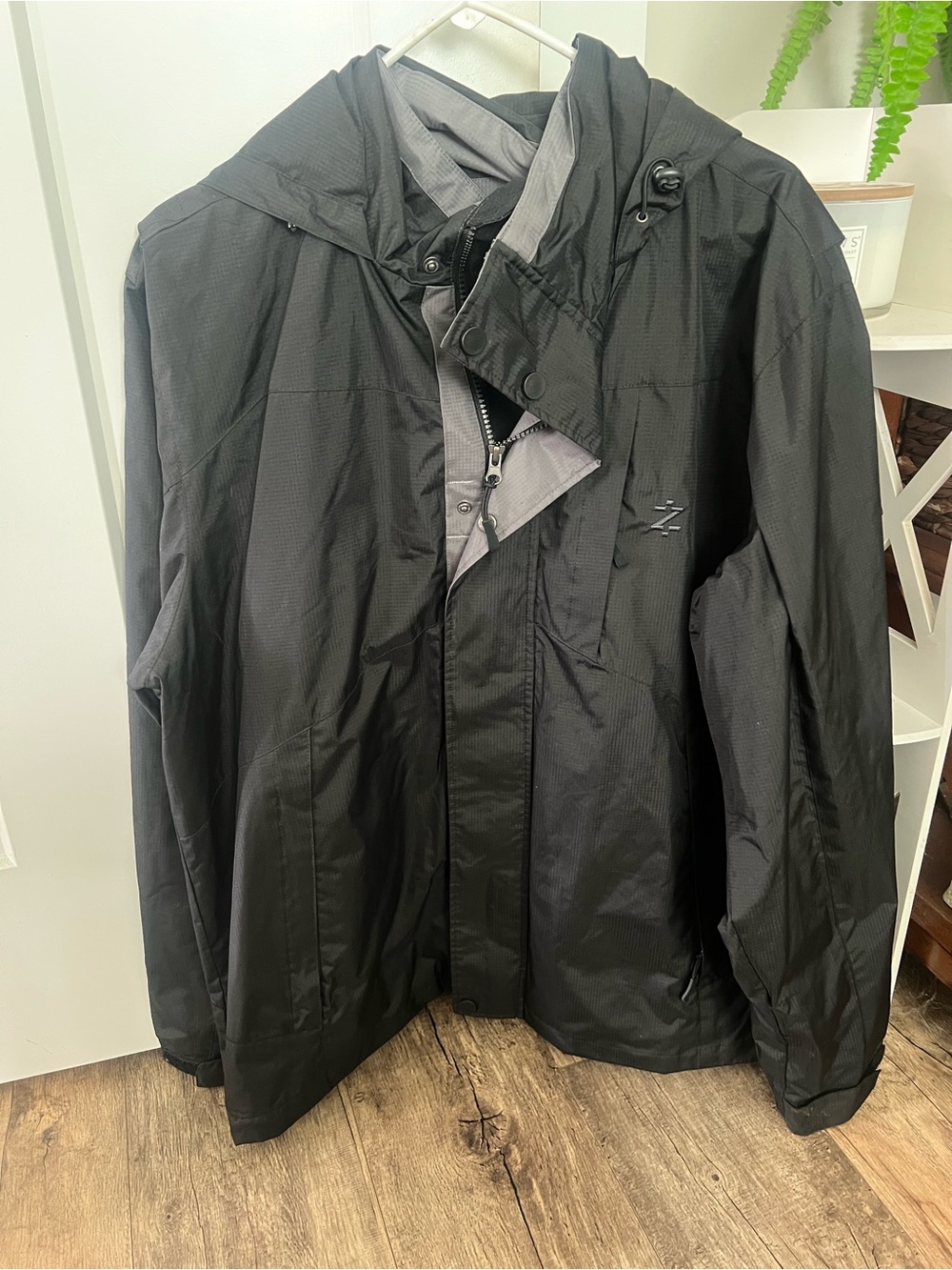 Izod Black Hooded Rain Jacket with Snap Placket